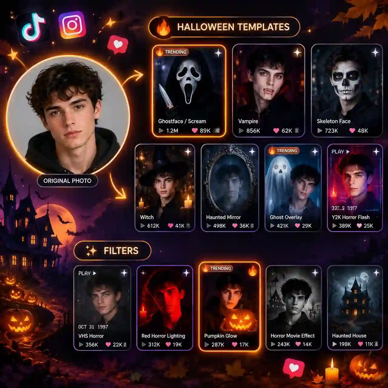 Halloween trend templates with Ghostface and Y2K styles