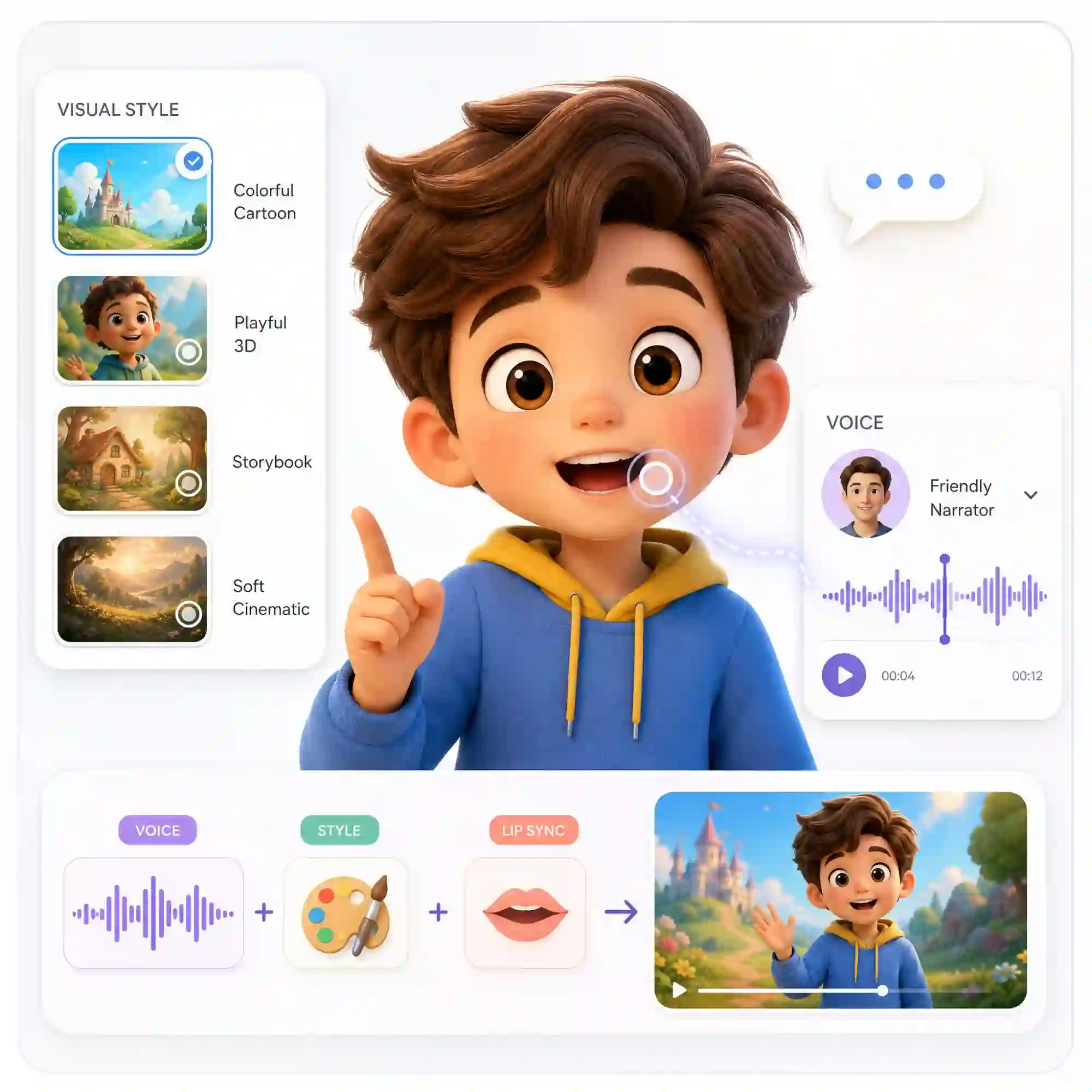 Style voice and lip sync for kids videos