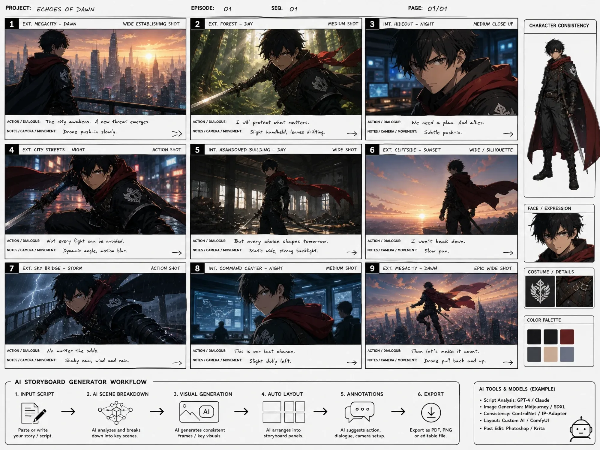 Consistent characters across every storyboard panel