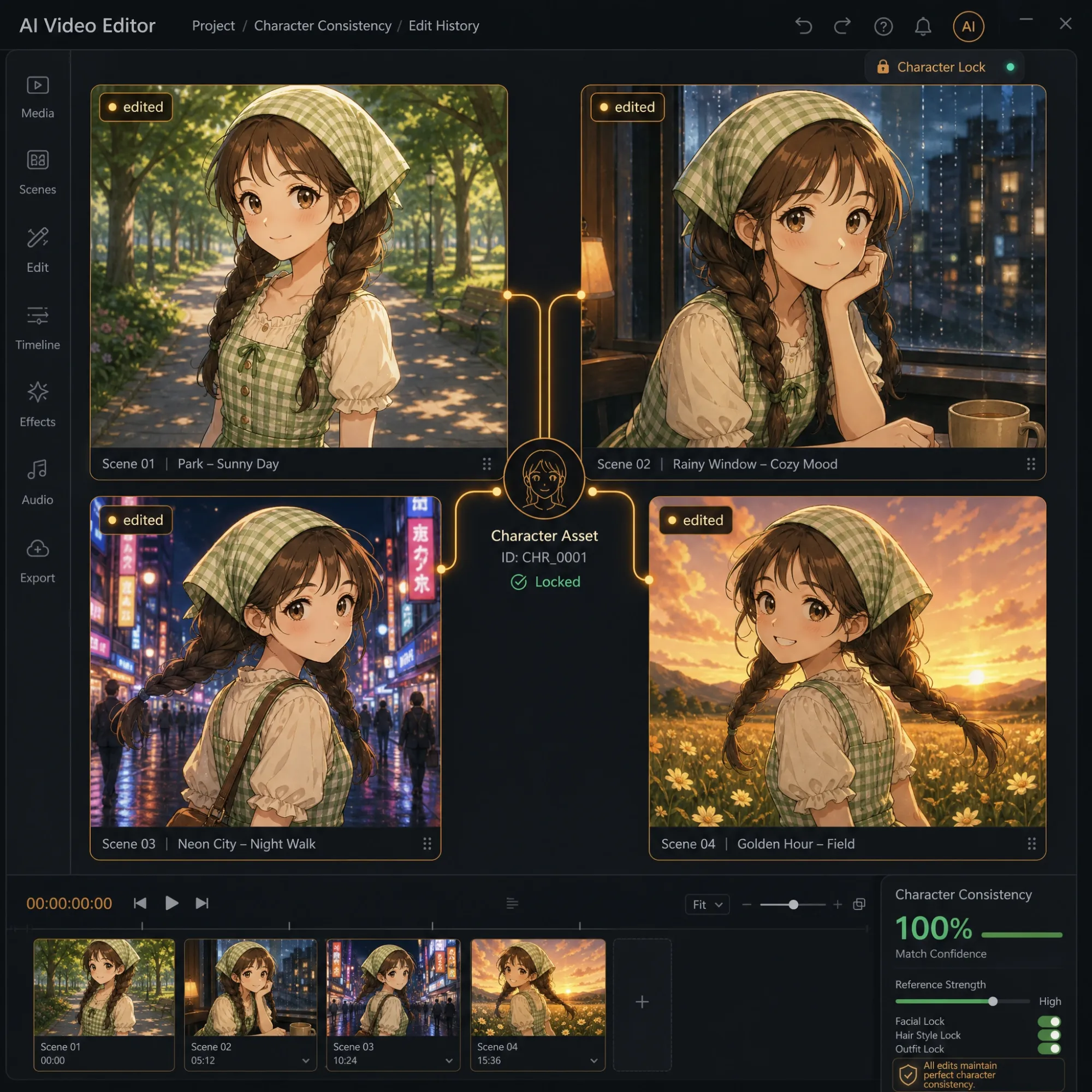 Consistent character editing across scenes