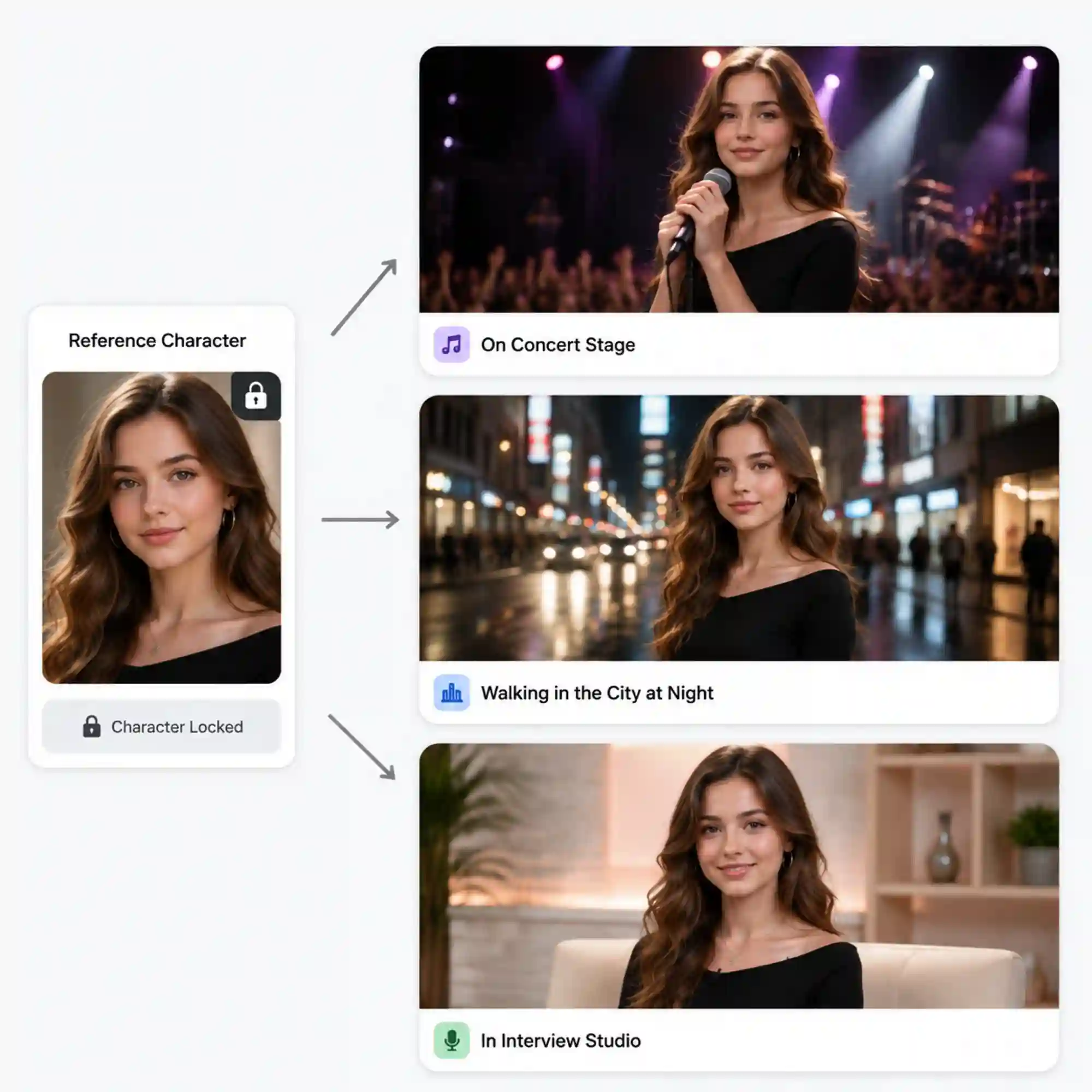 Consistent character across every scene of the video